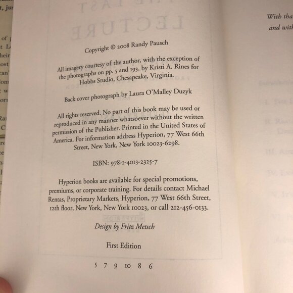 First Edition "The Last Lecture" by Randy Pausch with Jeffrey Zaslow Hard Cover - Picture 8 of 8